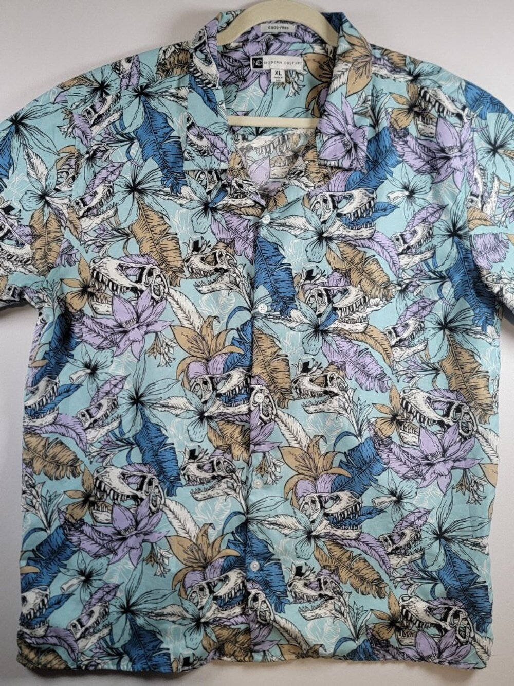 Modern Culture Mens Dinosaur Skull Tropical Button-Up Shirt XL